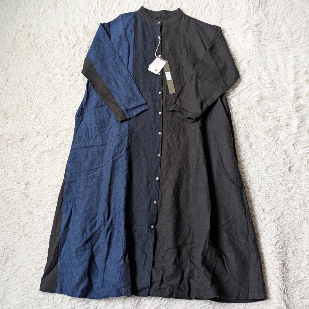 《新品タグ付》08Mab/ゼロハチマブ　リネン配色バンドカラーワンピース　F