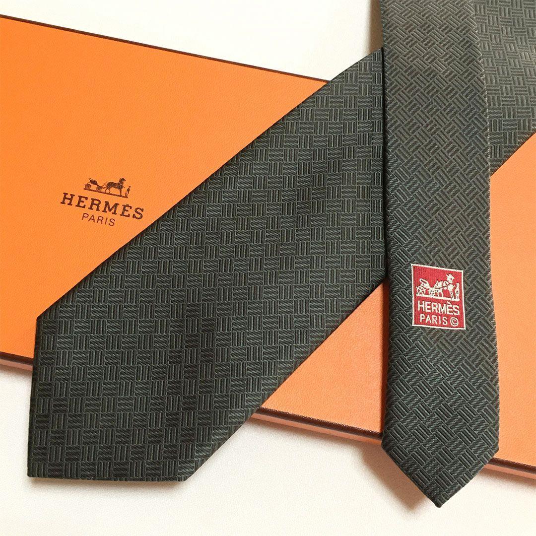 未使用級 エルメス HERMES ネクタイ シルク グリーン H柄