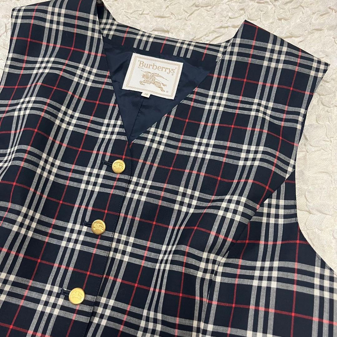 13サイズXL【Burberrys】ベスト ノバチェック 紺 金ボタン 毛ウール