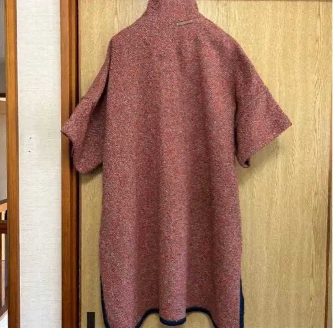専用ページフード付き赤系ツイード風ポンチョ