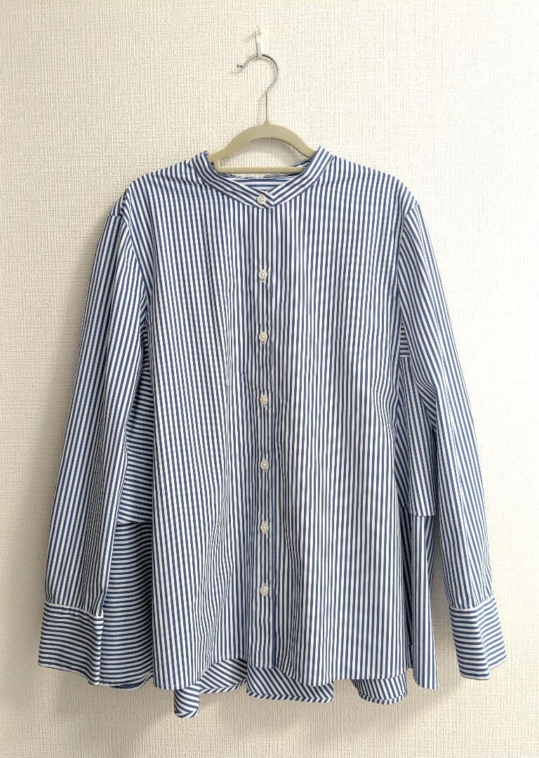 PLST プラステ バックフリルバンドカラーシャツ ブルー 長袖 Mサイズ