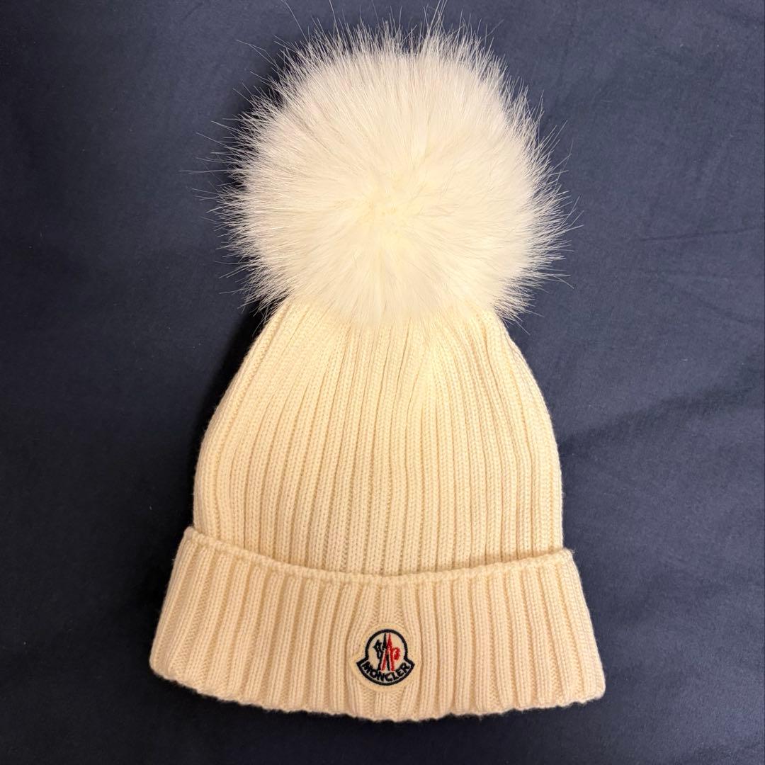 MONCLER アイボリー ファー付きニット帽 Lサイズ
