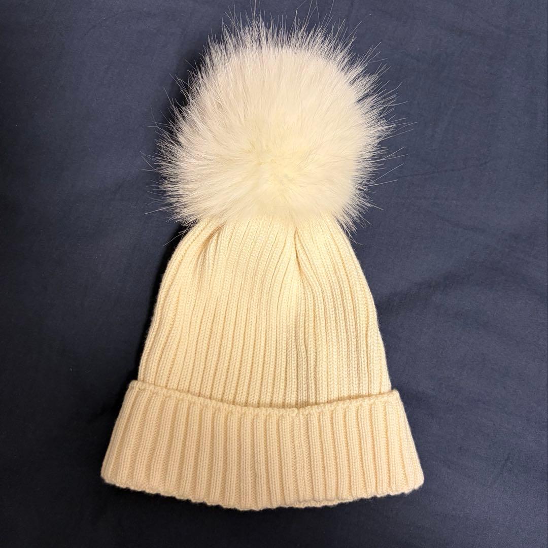 MONCLER アイボリー ファー付きニット帽 Lサイズ