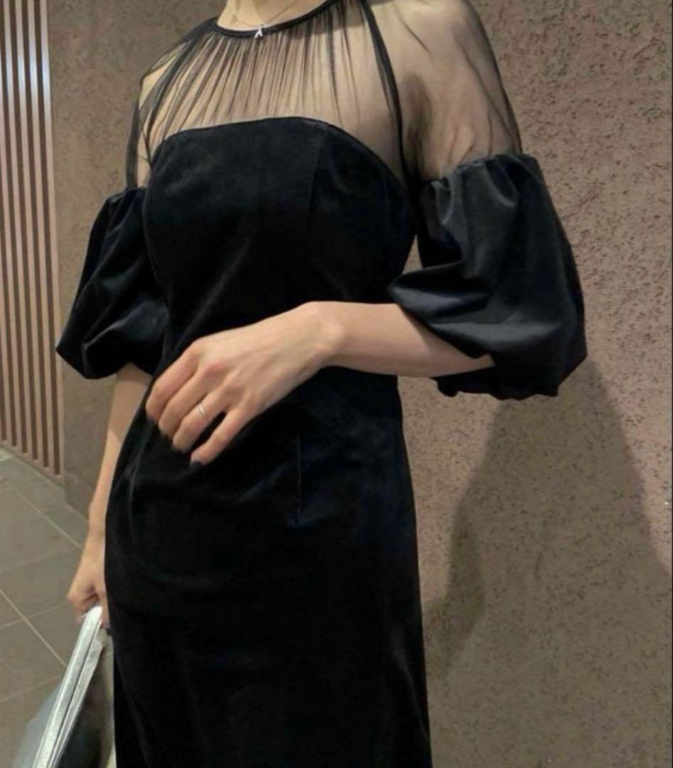 ワンピース Ameri / SOUFFLE SLEEVE VELOUR DRESS / S
