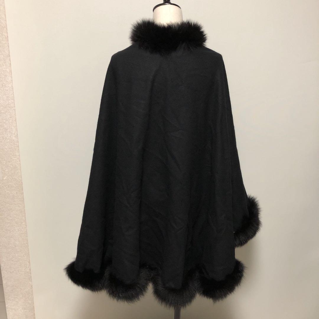 【美品】カシミヤ100%　ポンチョ　黒　ブラック　フォックスファー