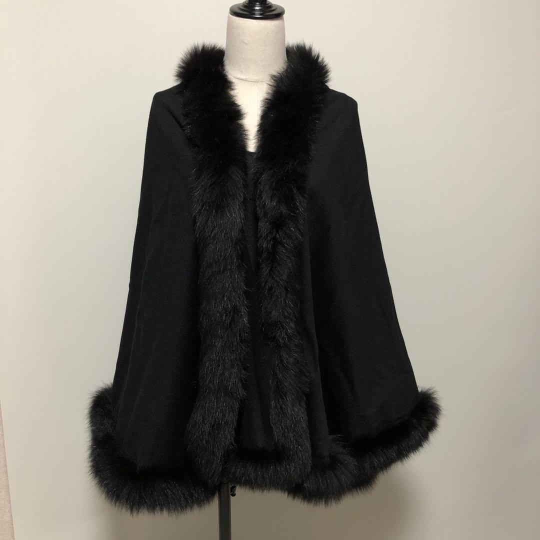 【美品】カシミヤ100%　ポンチョ　黒　ブラック　フォックスファー
