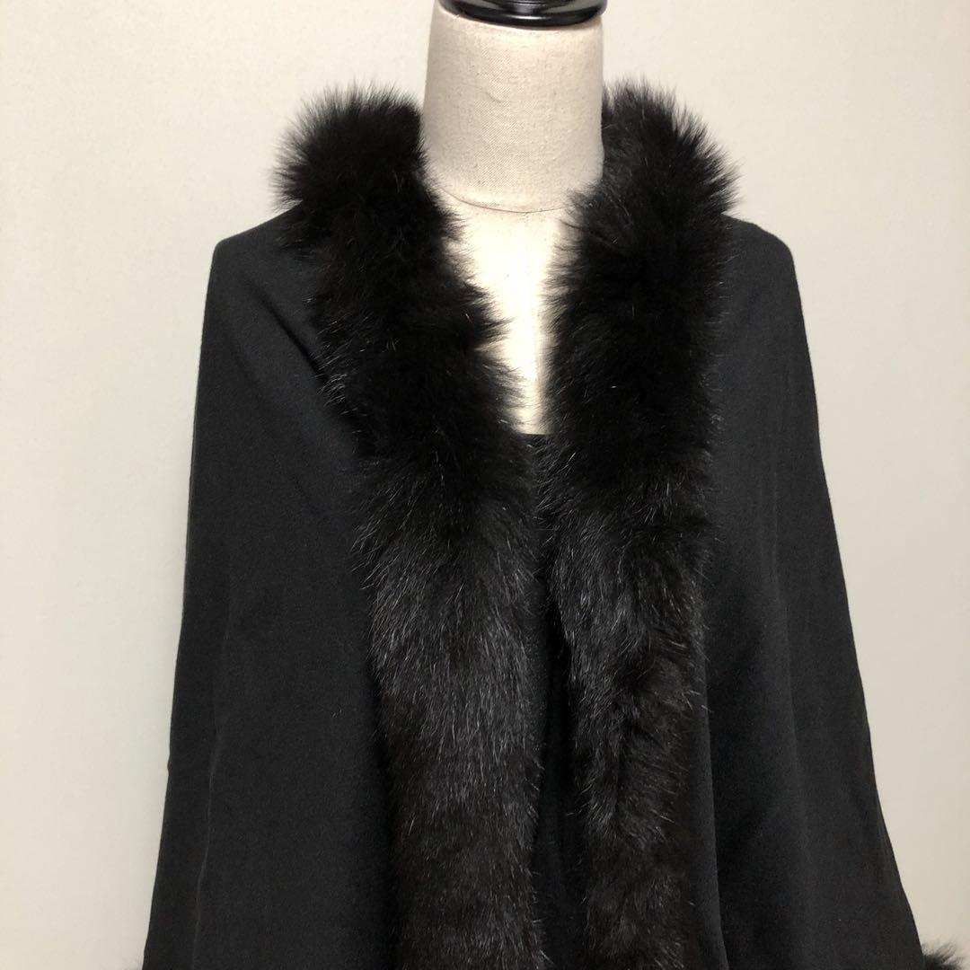 【美品】カシミヤ100%　ポンチョ　黒　ブラック　フォックスファー