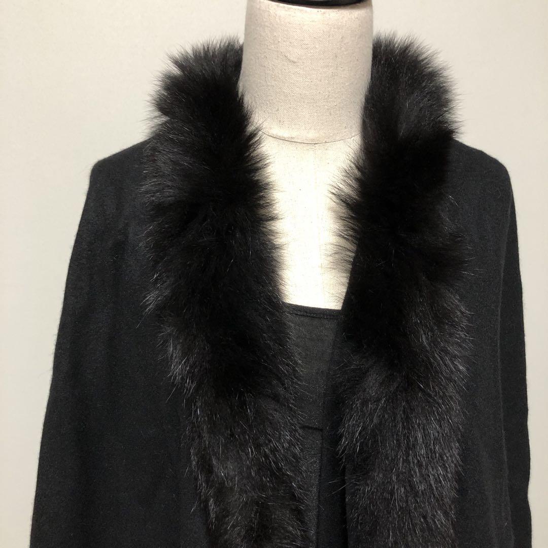 【美品】カシミヤ100%　ポンチョ　黒　ブラック　フォックスファー