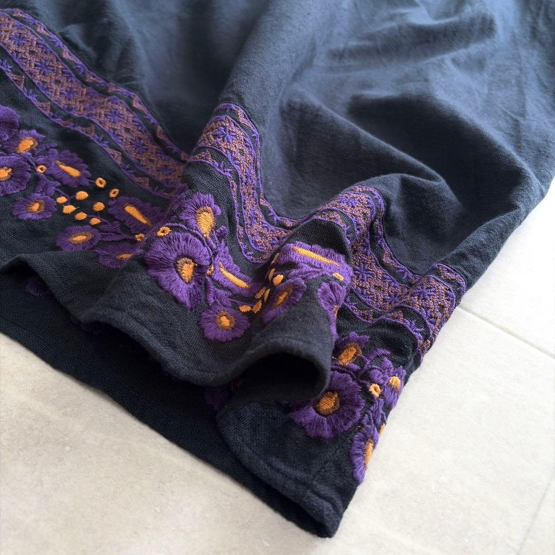 Freada フリーダ 刺繍 スモッグ ワンピース ギャザースリーブ 厚手