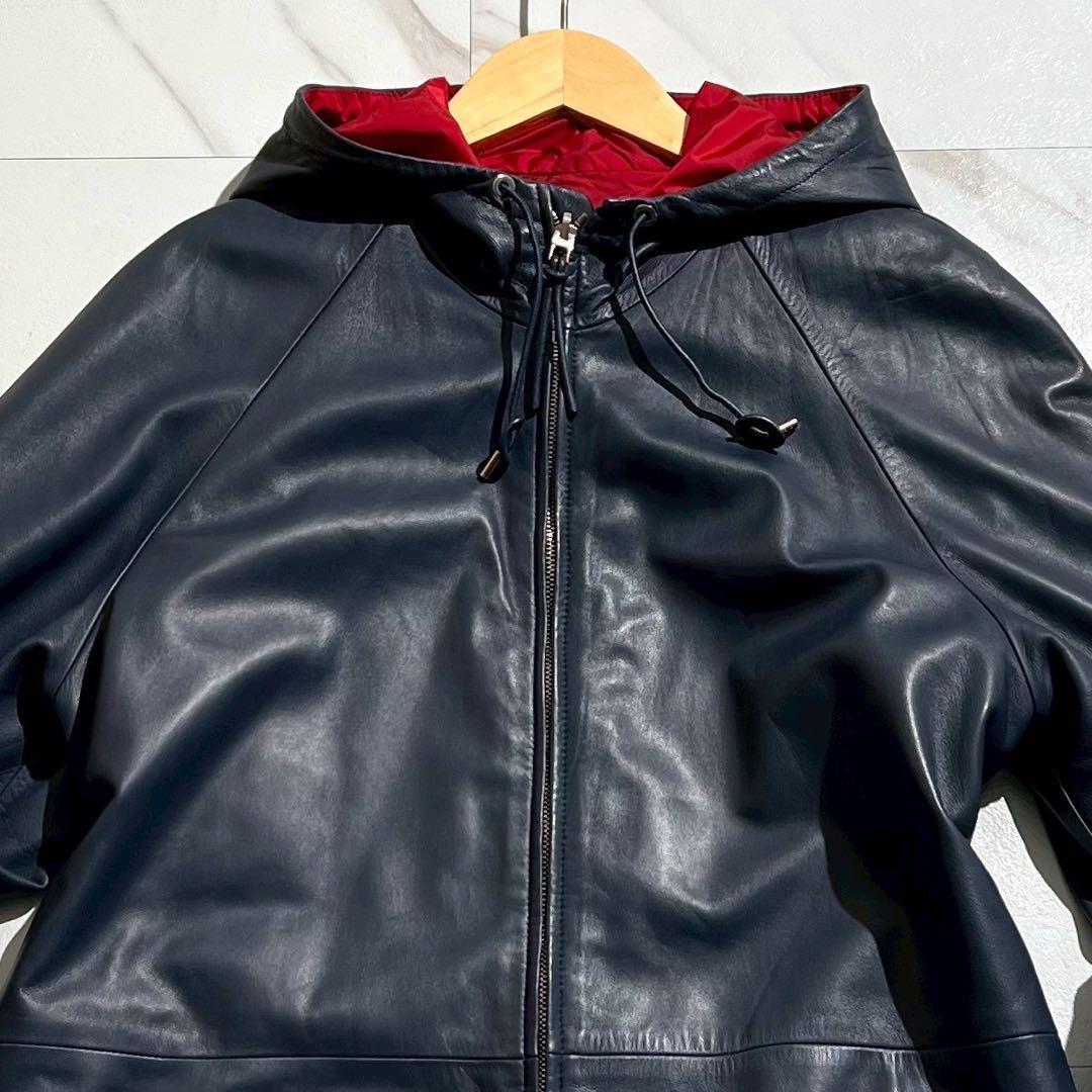 【美品/46】LOEWE ロエベ ラムレザー リバーシブル ジャケット ネイビー