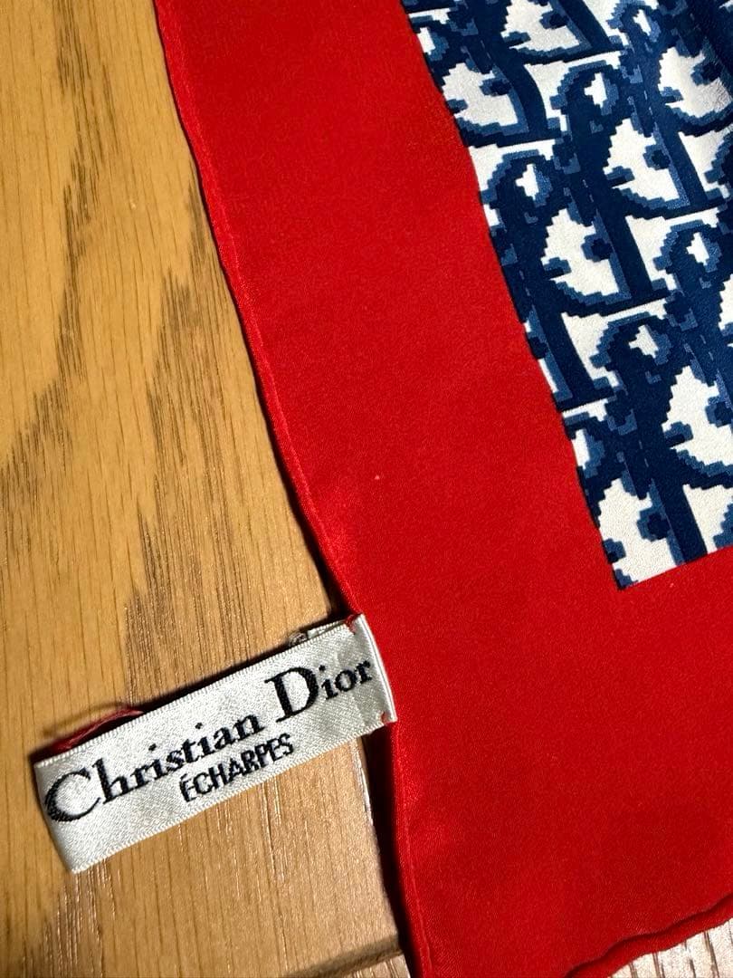 【美品】Christian Dior 大判スカーフ　トロッター柄レッドネイビー