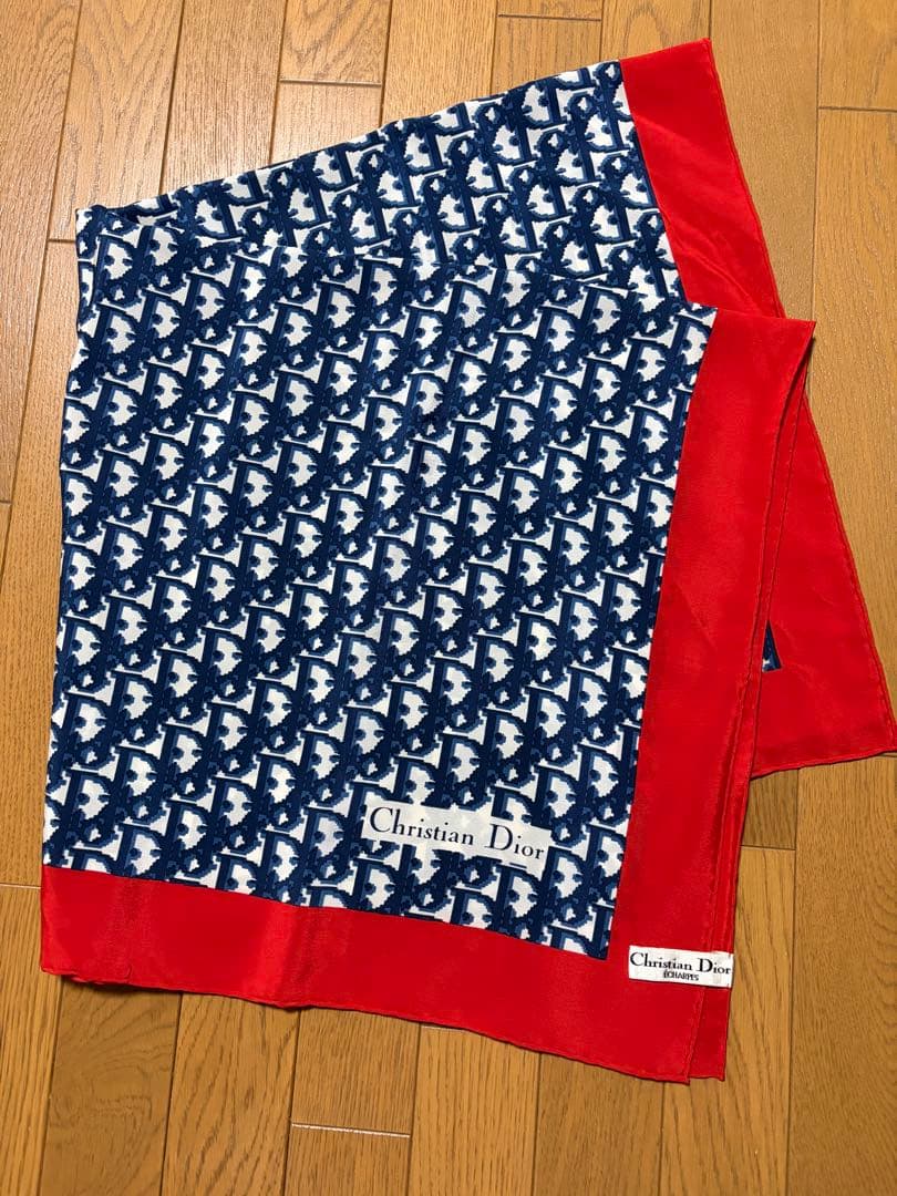 【美品】Christian Dior 大判スカーフ　トロッター柄レッドネイビー