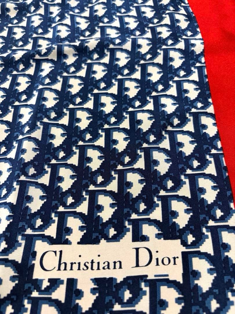 【美品】Christian Dior 大判スカーフ　トロッター柄レッドネイビー