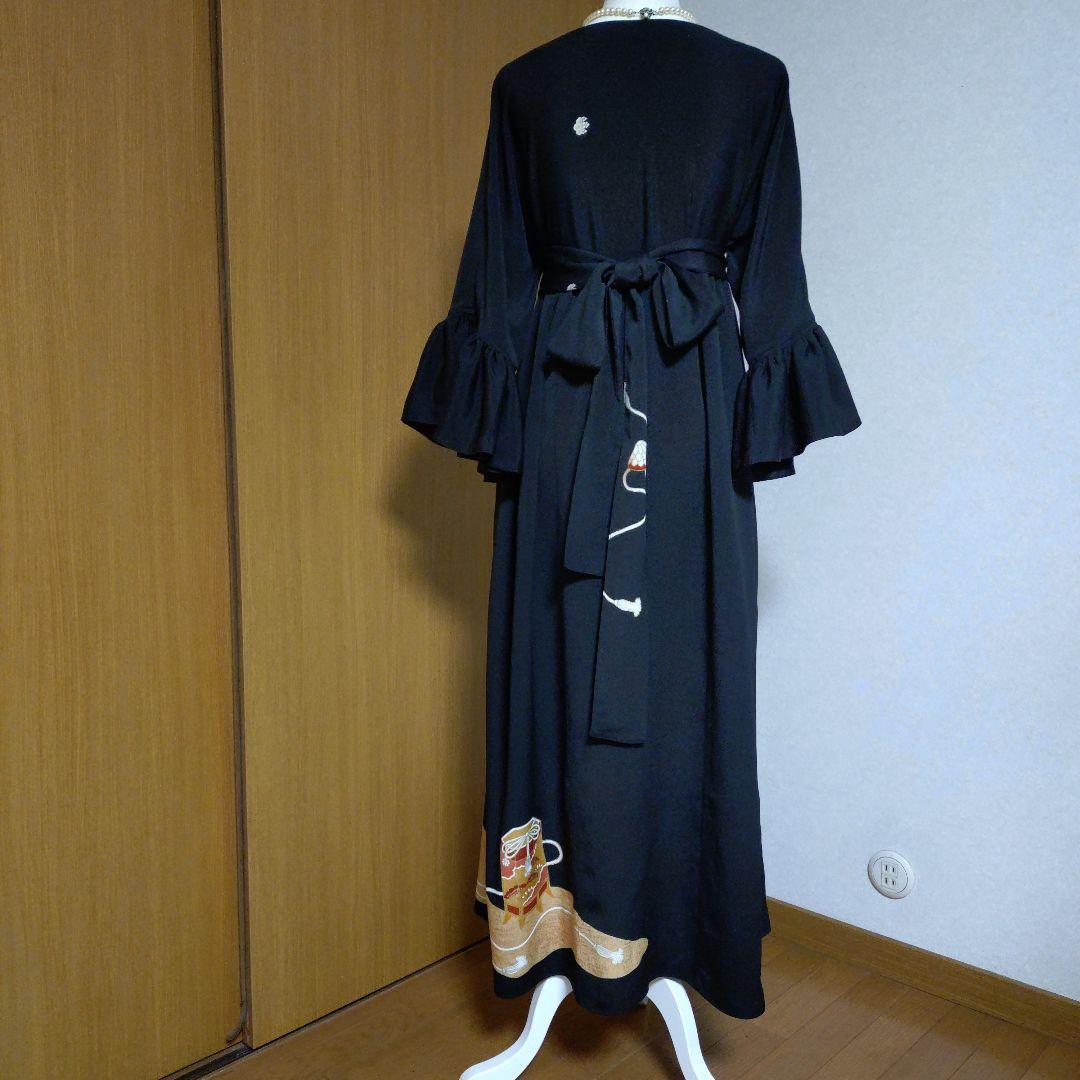 正絹黒留袖✤ゆったりロングワンピース✤フリル袖ドレス✤シルクのペチコート付