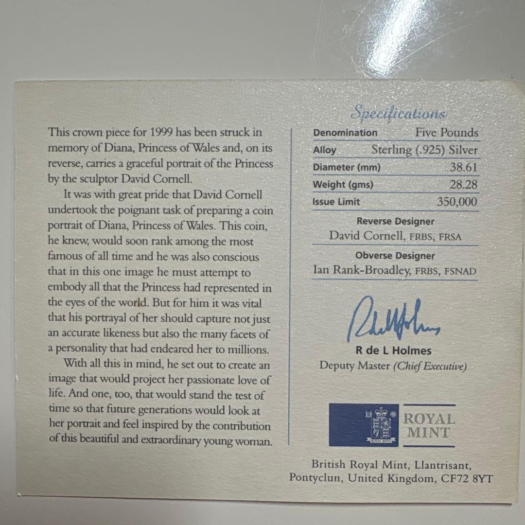 保証書付！ダイアナ妃追悼記念SILVER PROOF MEMORIAL COIN
