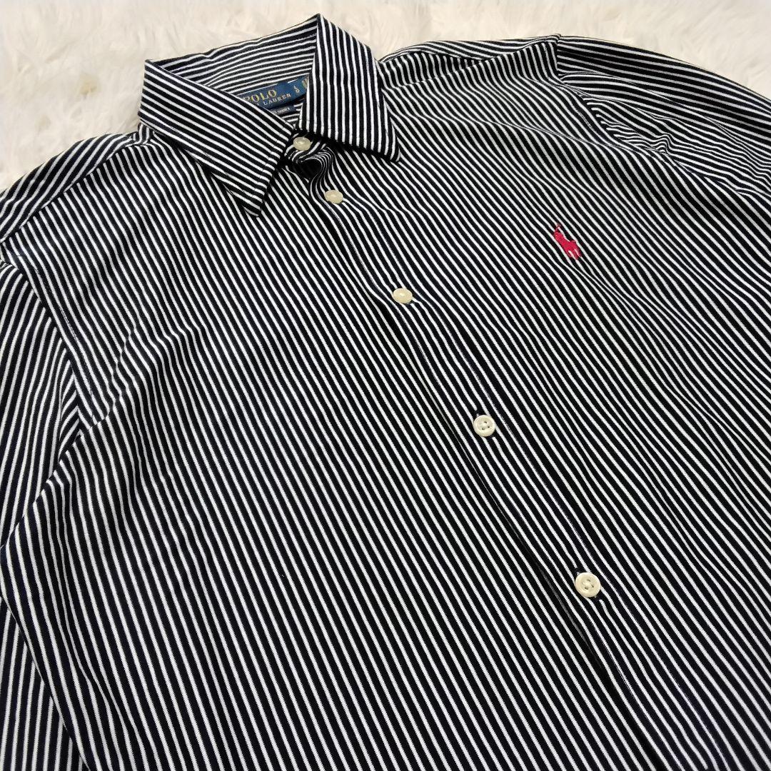 【現行 QR】ポロラルフローレン　ニットドレスシャツ ストライプ　L ロゴ