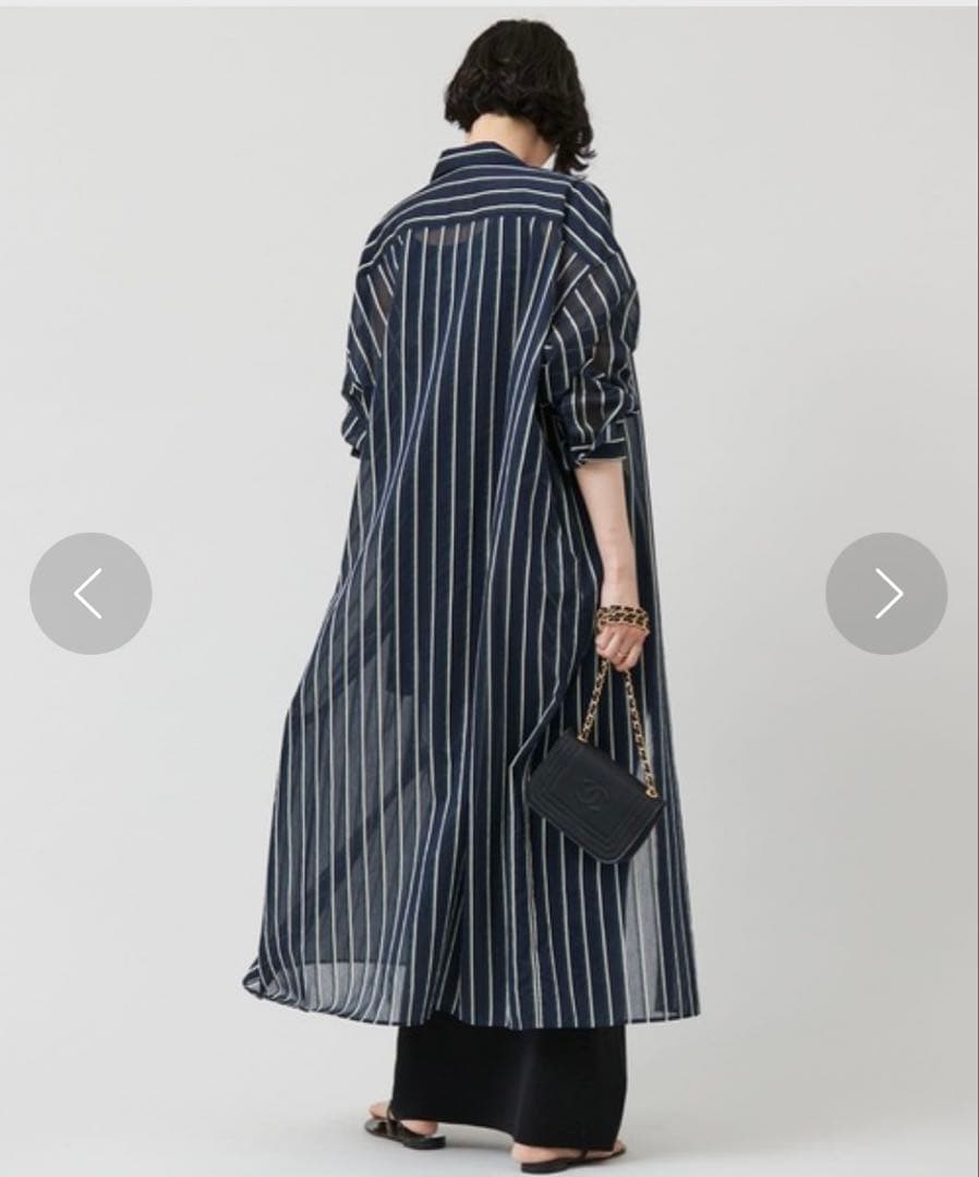 Curensology オーガンストライプシャツワンピース ネイビー