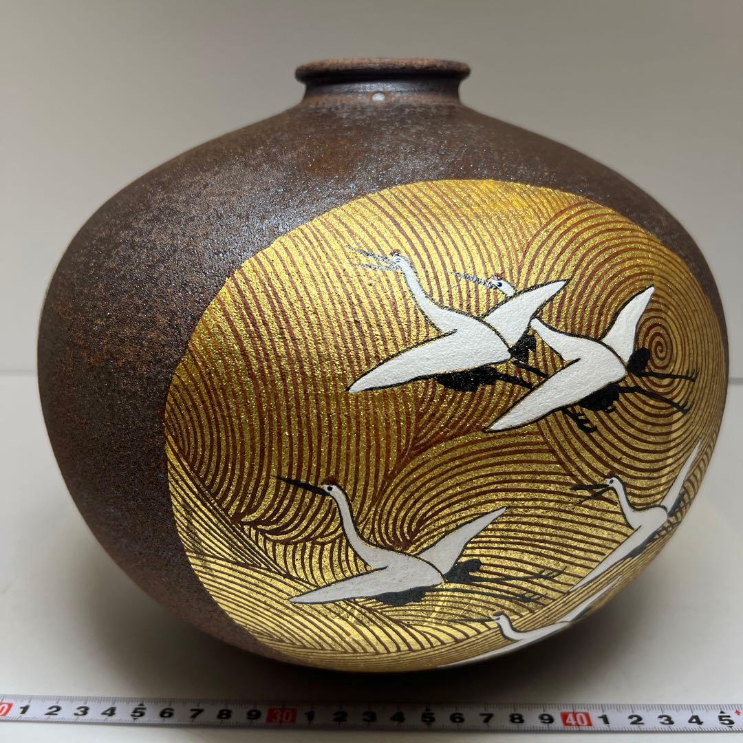北村隆（名工）　九谷焼　金銀彩花瓶　共箱　最大身幅約25㎝　東Y7-1209①