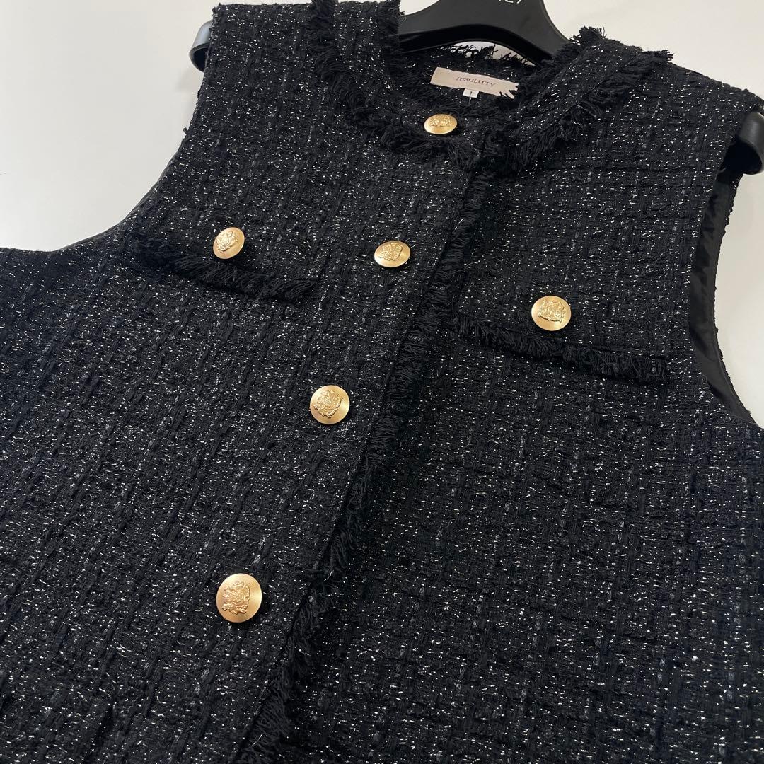 yasu♡ ジャスグリッティー 黒 ラメ ツイード ジレ 金ボタン 1 S