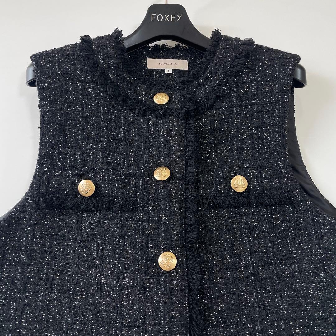 yasu♡ ジャスグリッティー 黒 ラメ ツイード ジレ 金ボタン 1 S