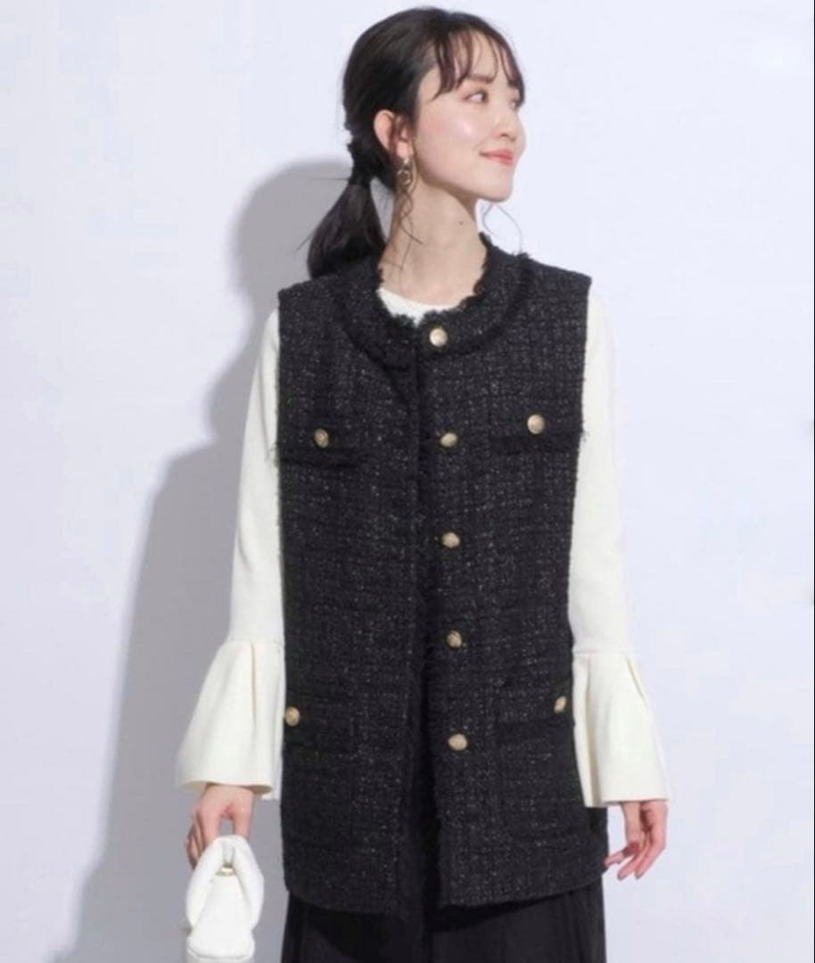 yasu♡ ジャスグリッティー 黒 ラメ ツイード ジレ 金ボタン 1 S