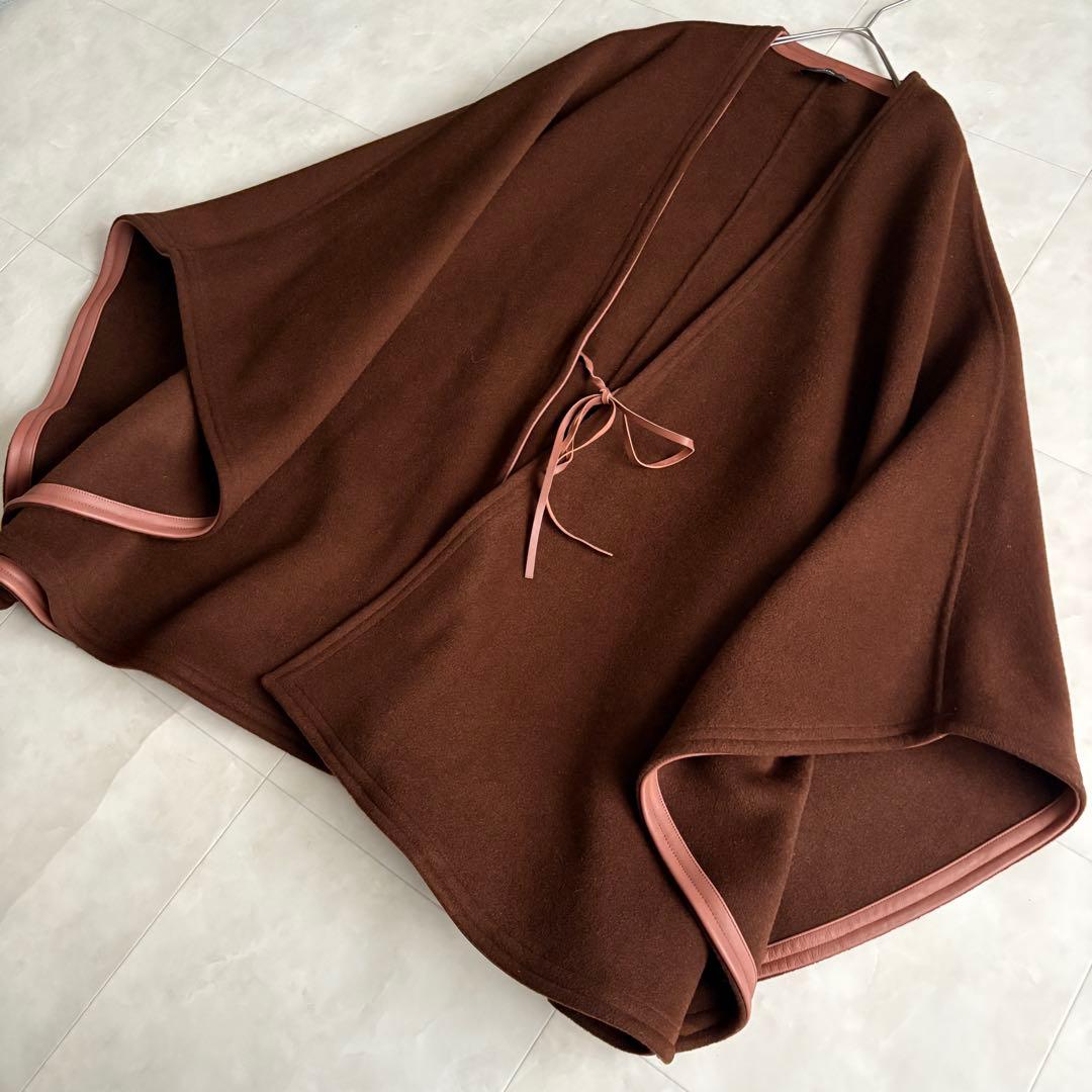 上質✨ JOSEPH ウールカシミヤケープ 茶 ピンク レザー縁取り38