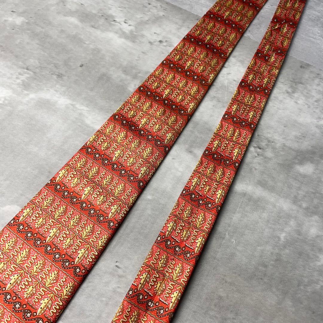 美品 HERMES エルメス ボーダー 葉柄 ヘビ ネクタイ レッド 赤