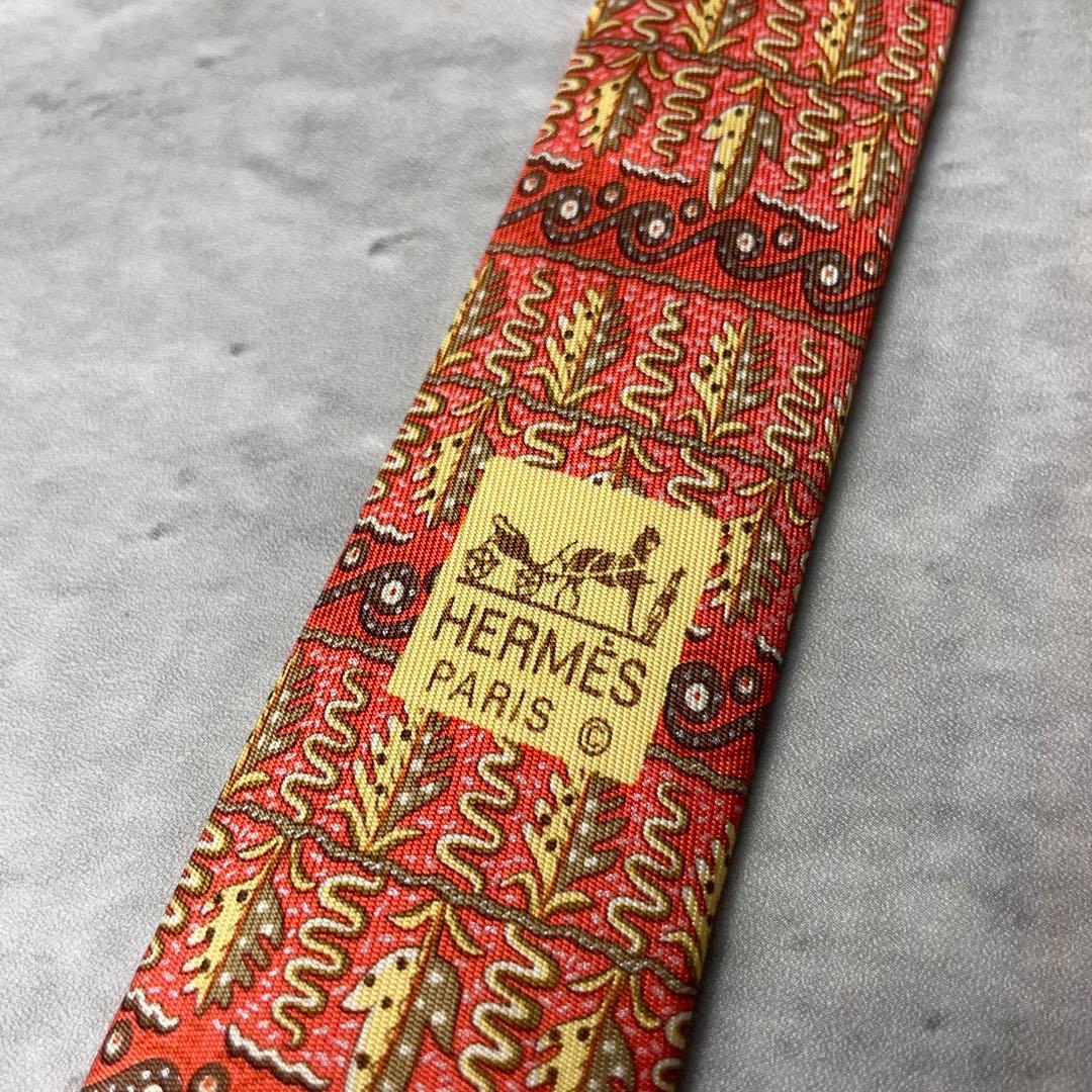 美品 HERMES エルメス ボーダー 葉柄 ヘビ ネクタイ レッド 赤