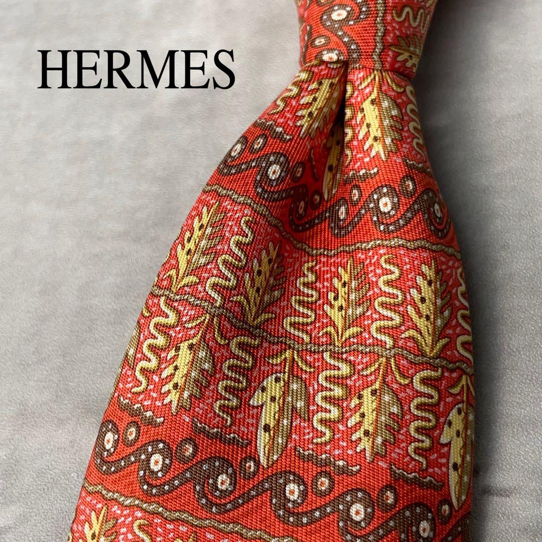 美品 HERMES エルメス ボーダー 葉柄 ヘビ ネクタイ レッド 赤