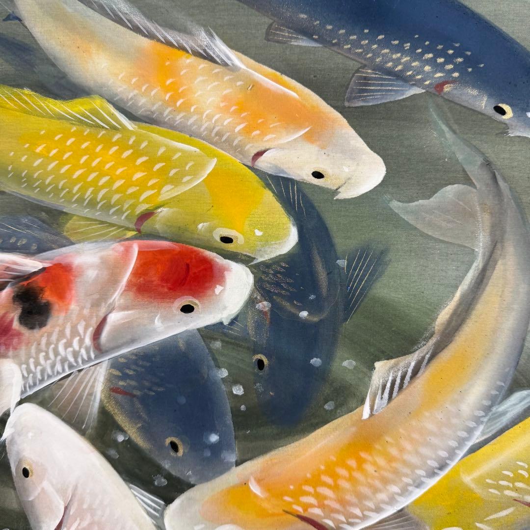 K49 鈴木秀光「群鯉」 掛軸 日本画 絹本 共箱