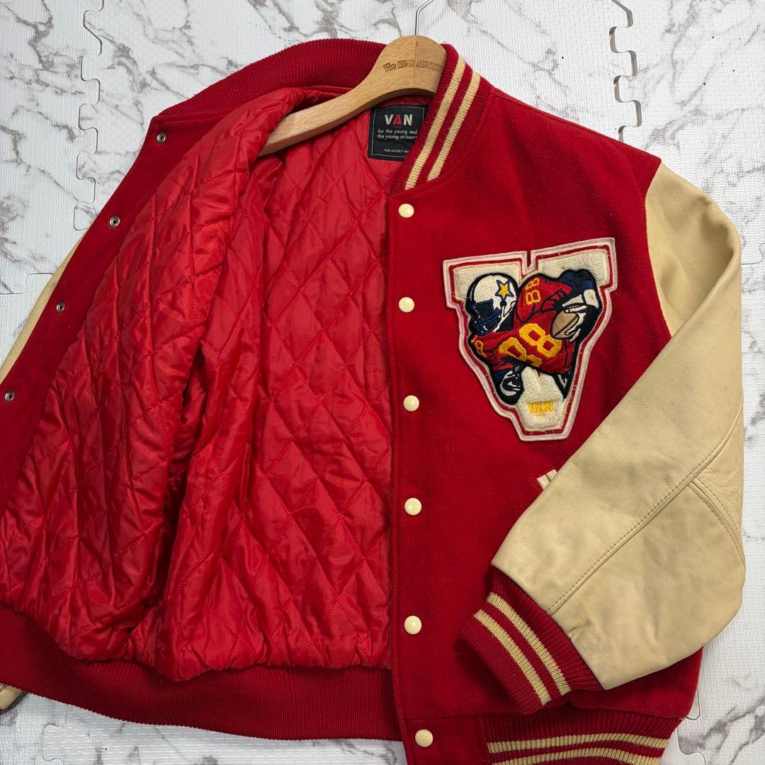 名作✨VAN JACKT スタジャン　袖レザー　アーチロゴ　赤色 Lsize