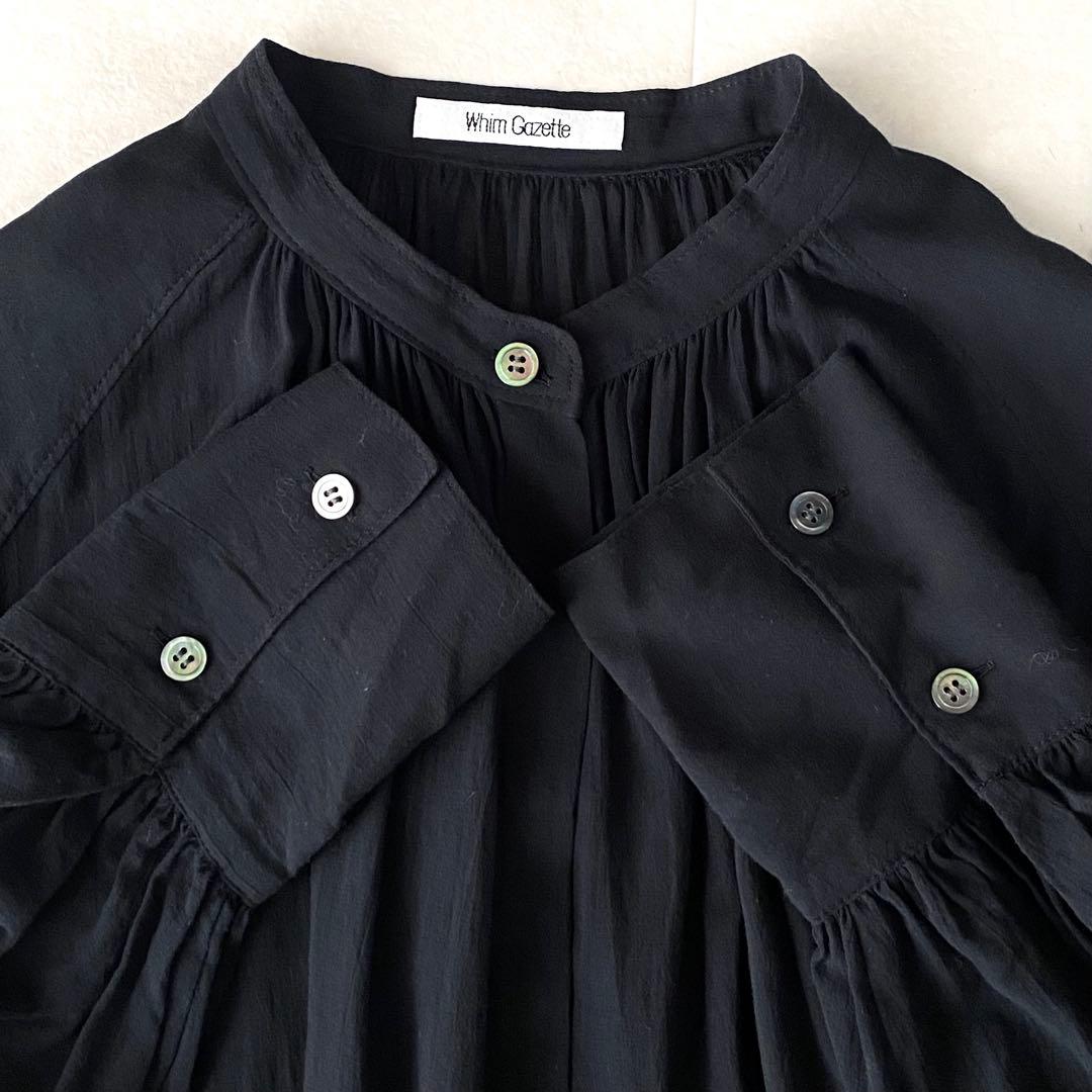 極美品☆ウィムガゼット 洗える コットンシフォン ギャザースリーブワンピース 黒