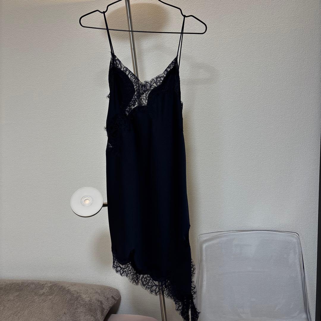 新品 ZARA サテン レース キャミワンピース ネイビーS ワンピ