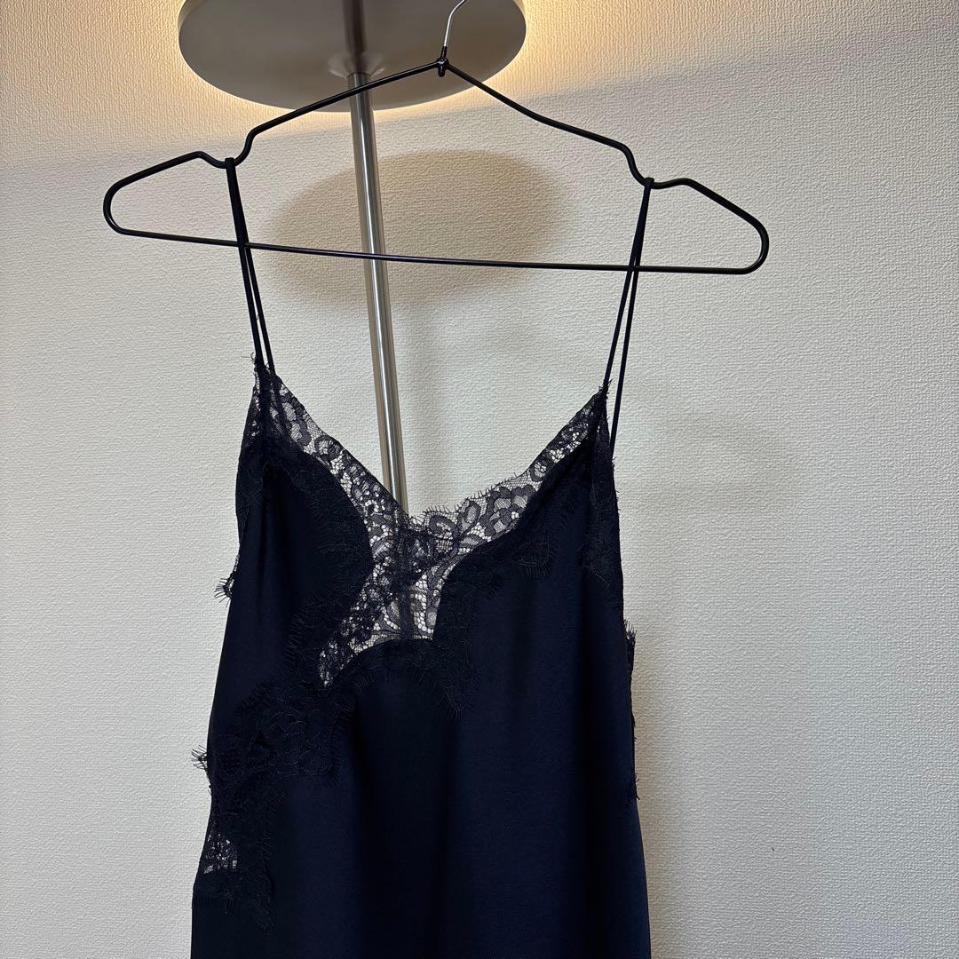 新品 ZARA サテン レース キャミワンピース ネイビーS ワンピ