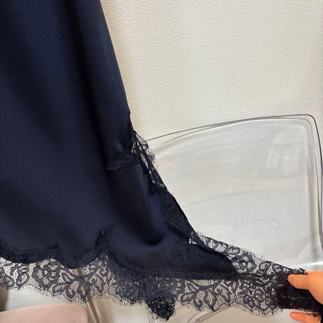 新品 ZARA サテン レース キャミワンピース ネイビーS ワンピ
