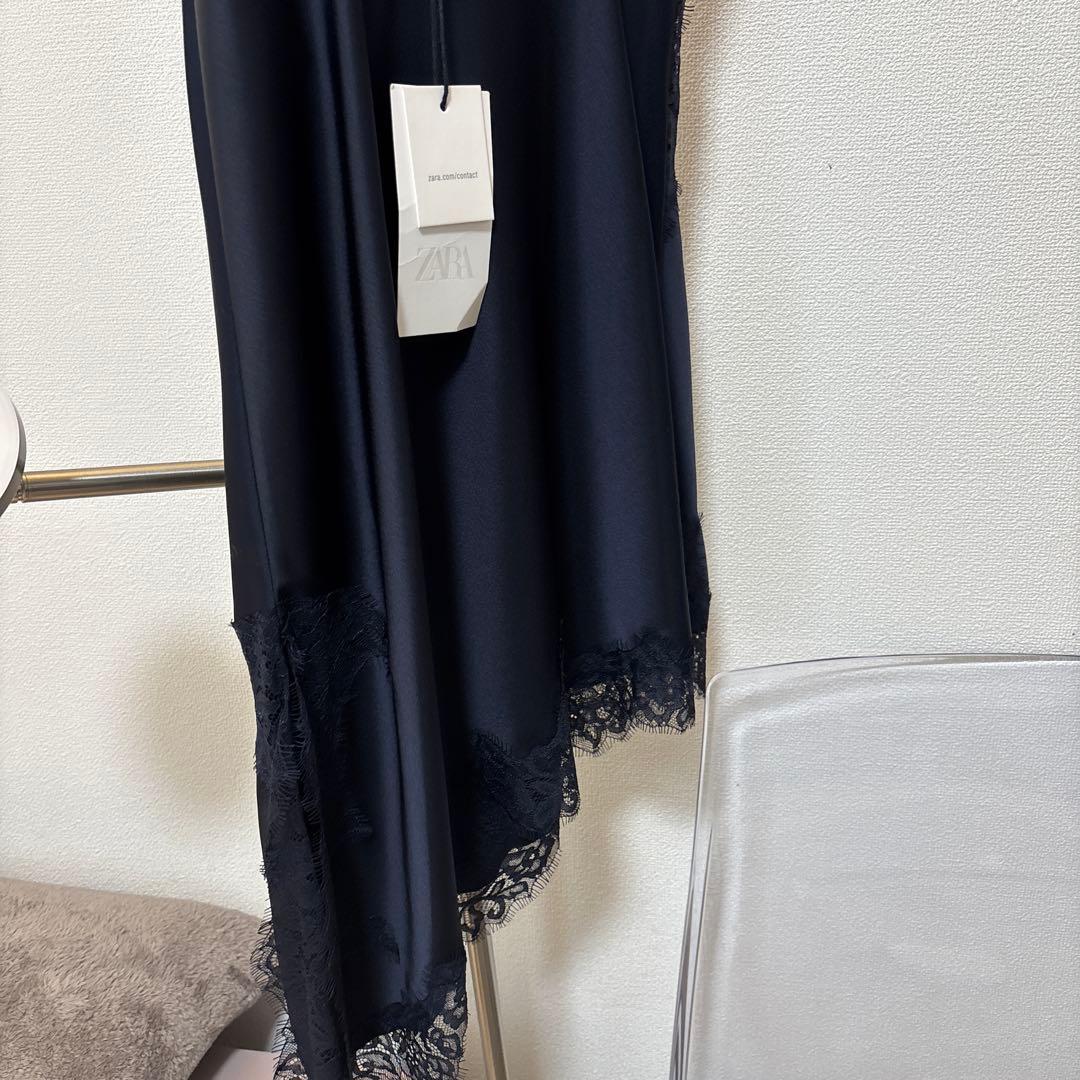 新品 ZARA サテン レース キャミワンピース ネイビーS ワンピ