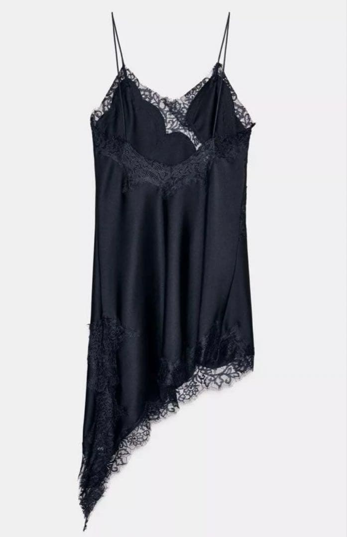 新品 ZARA サテン レース キャミワンピース ネイビーS ワンピ