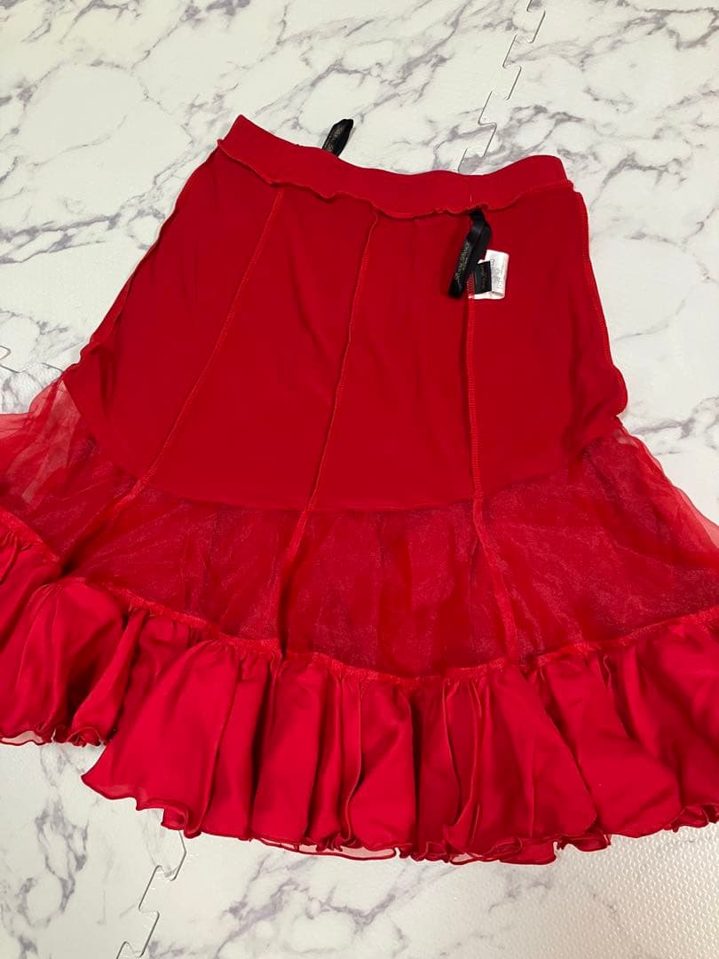 社交ダンススカート 赤 シフォン フリルスカート M 日本製　美品　ラテン
