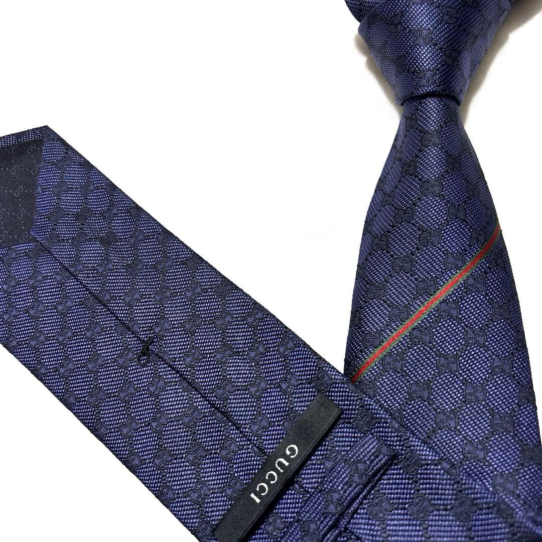 GUCCI グッチ　ネクタイ　ネイビー　シェリーライン　GG柄　美品