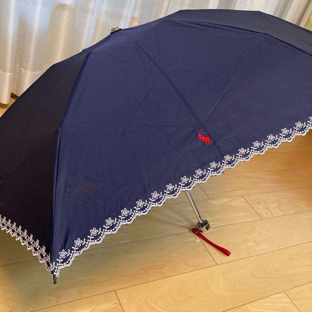 美品ポロラルフローレン 折り畳み日傘ネイビー晴雨兼用/遮光UV99%紺ポニー刺繍