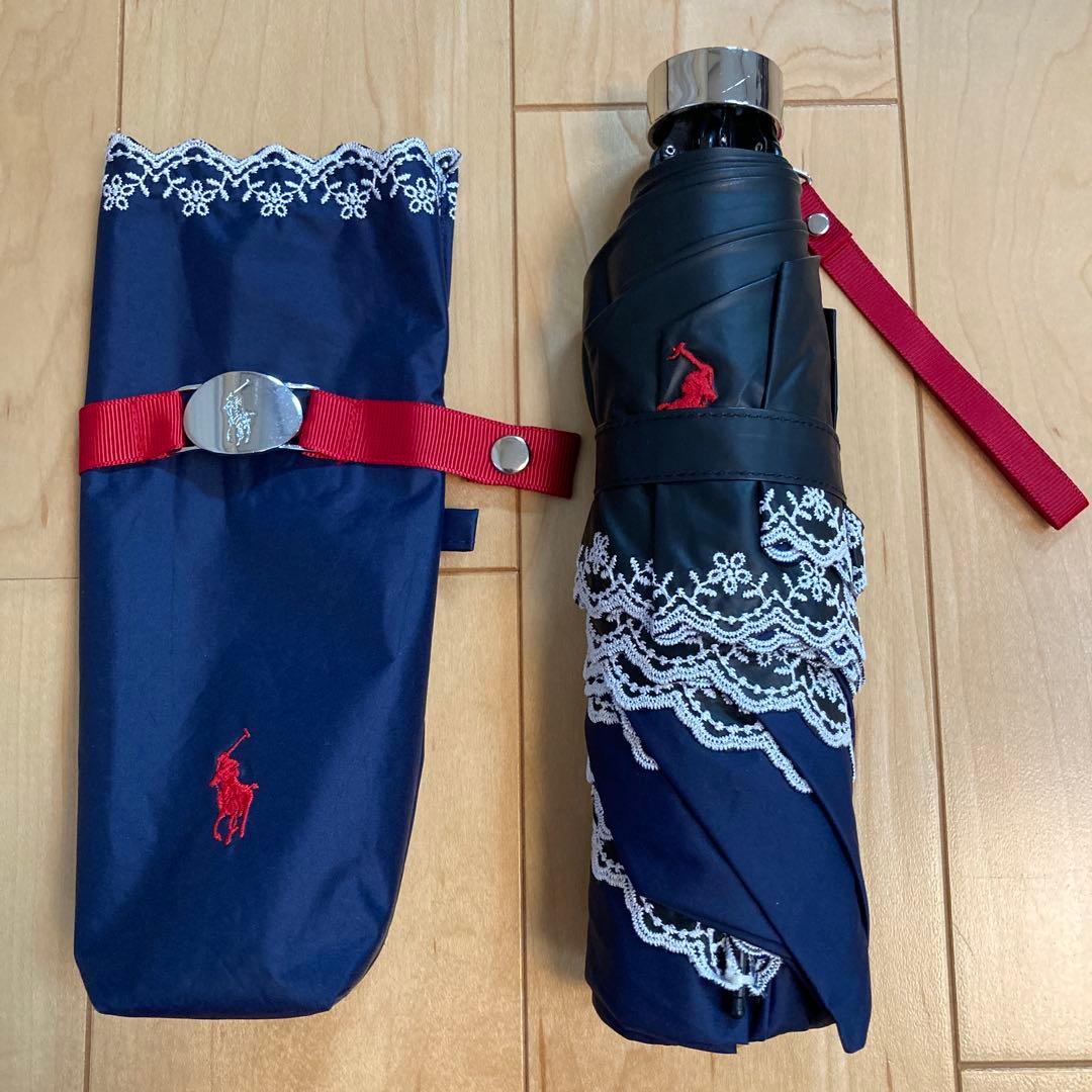 美品ポロラルフローレン 折り畳み日傘ネイビー晴雨兼用/遮光UV99%紺ポニー刺繍