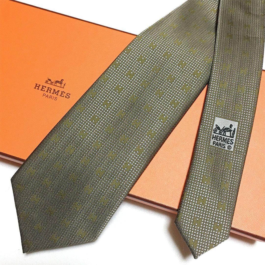 未使用級 H織りタイ ファソネH H柄 エルメス HERMES ネクタイ カーキ
