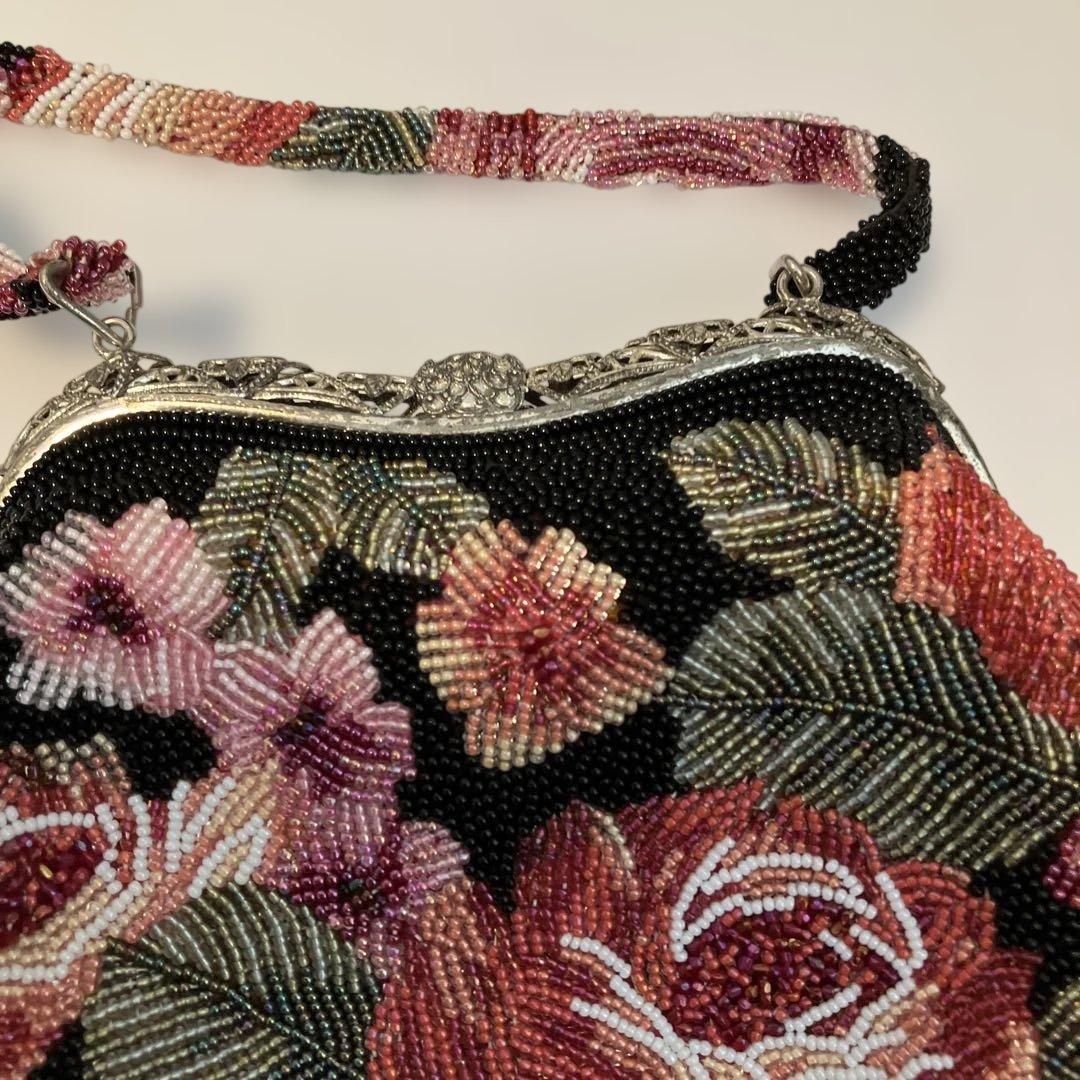 【希少】花柄総ビーズ刺繍がま口バッグ