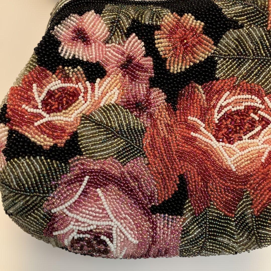【希少】花柄総ビーズ刺繍がま口バッグ