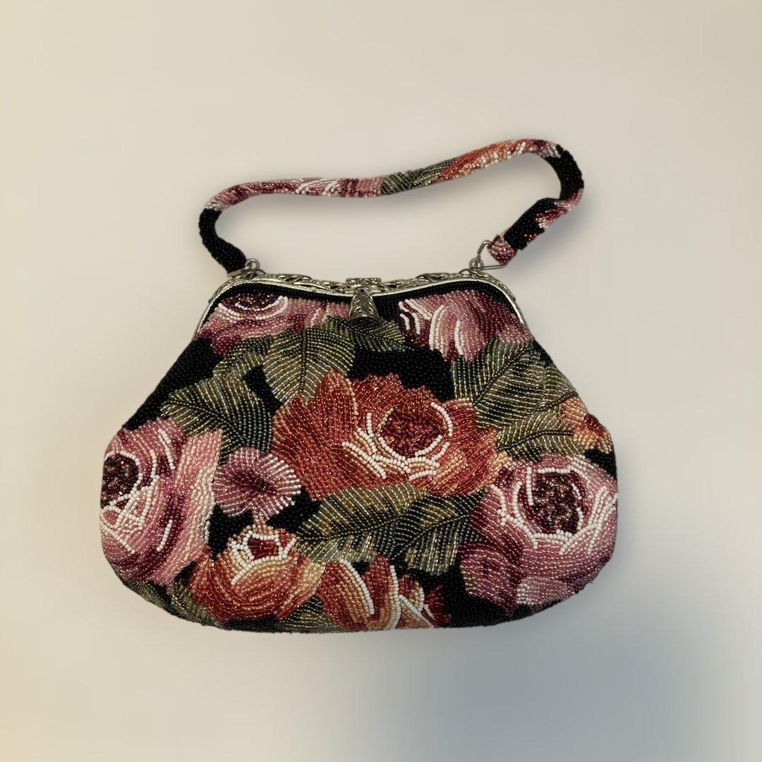 【希少】花柄総ビーズ刺繍がま口バッグ