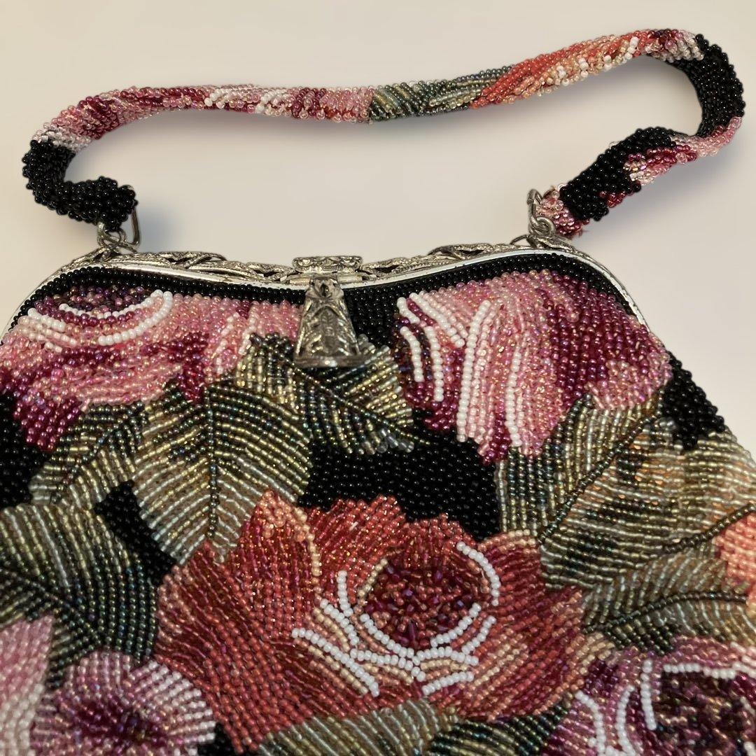【希少】花柄総ビーズ刺繍がま口バッグ