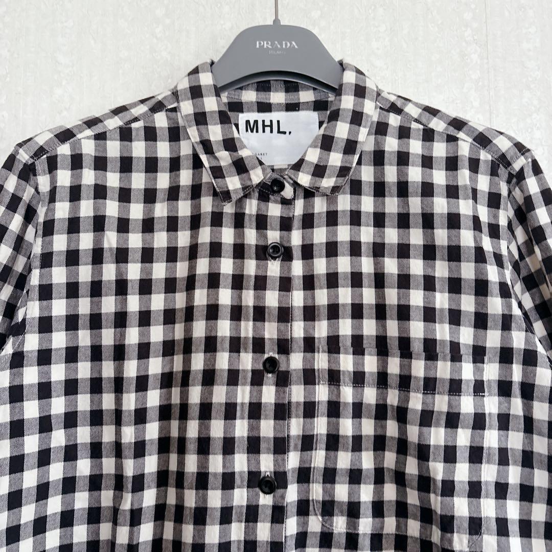 【良品】MHL. ブロックチェックシャツ ブラック×アイボリー コットン Ⅱ
