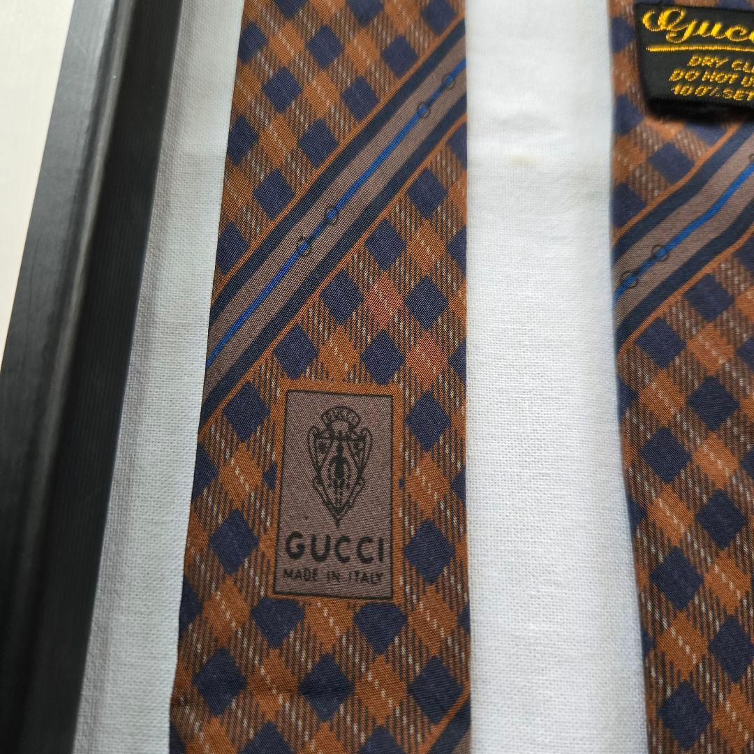 美品　GUCCI シルク ネクタイ ブラウン　チェック　イタリア製