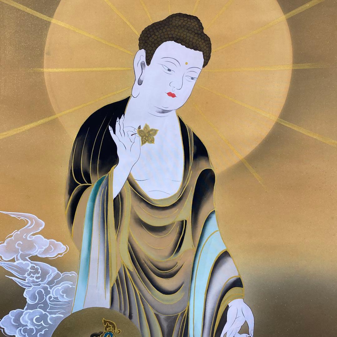 美品 掛け軸 福田素仙作 金地 三尊佛像 共箱 仏画 仏教美術