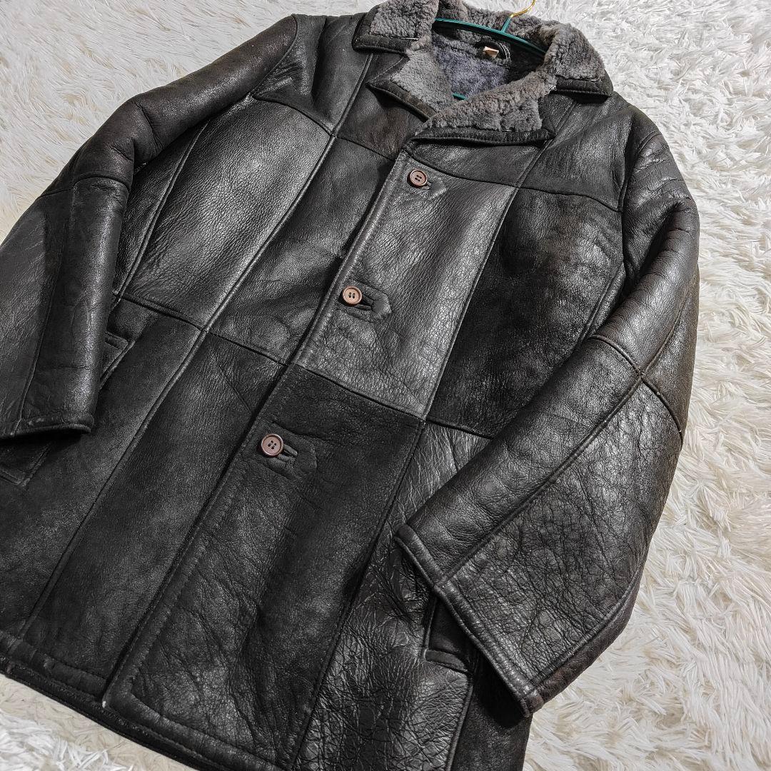 リアルムートンコート ブラック 羊革 ボア XL　黒　ブラック